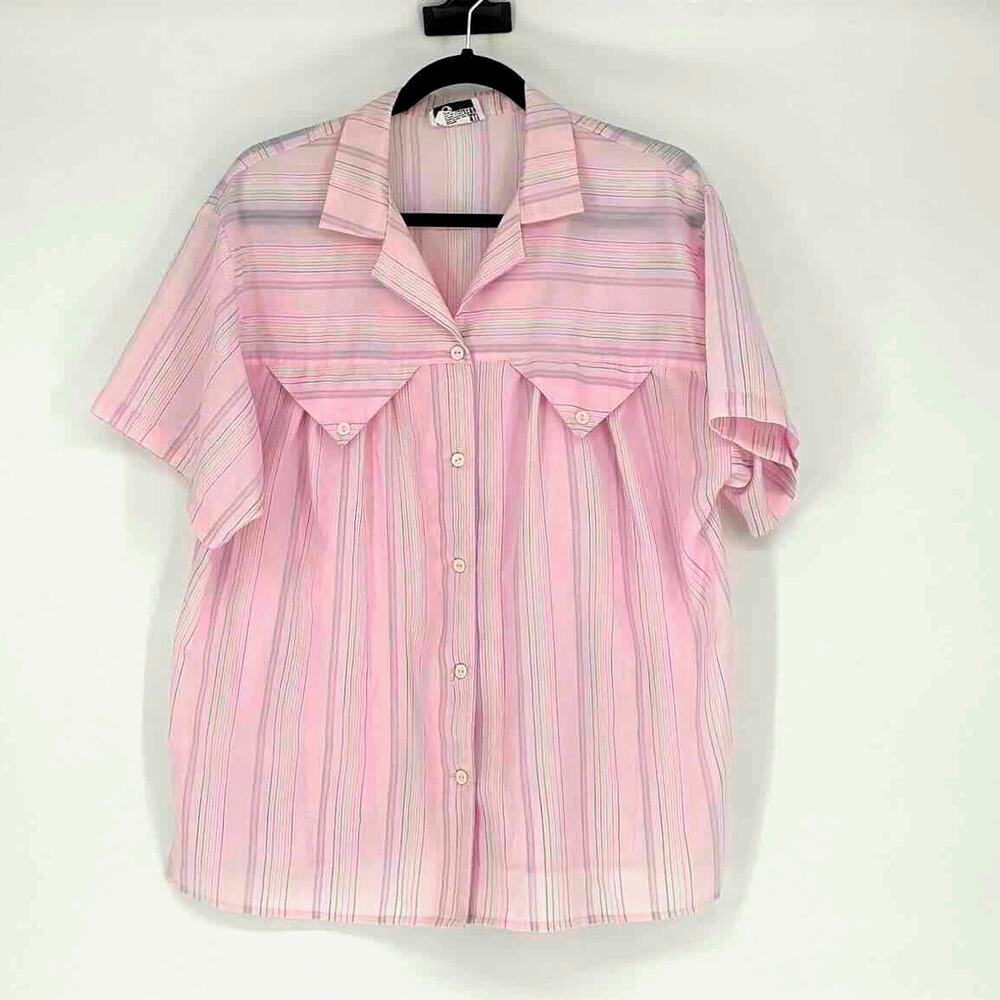 Vtg 80s Pink & Pastel Stripe Short Sleeve Cropped Button Up Shirt - Size M (38)